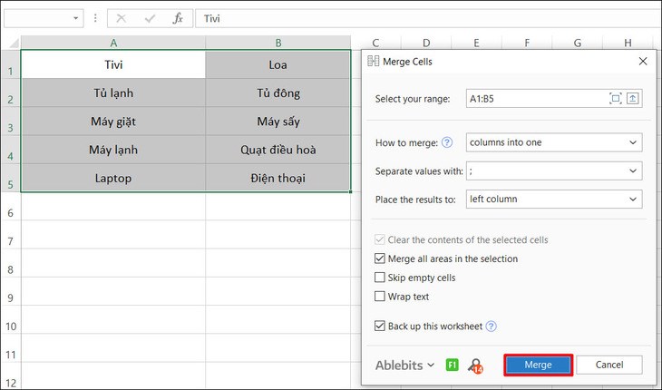 Các lựa chọn gộp của công cụ Merge Cells for Excel