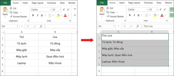 Kết quả khi sử dụng công cụ Merge Cells for Excel