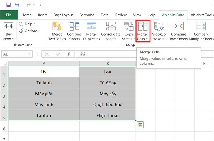 Tại tab Ablebits Data, chọn Merge Cells