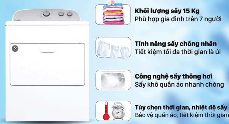 Máy sấy quần áo Whirlpool phù hợp với hầu hết người tiêu dùng Việt do sở hữu nhiều chương trình sấy tiện lợi và giá thành phải chăng