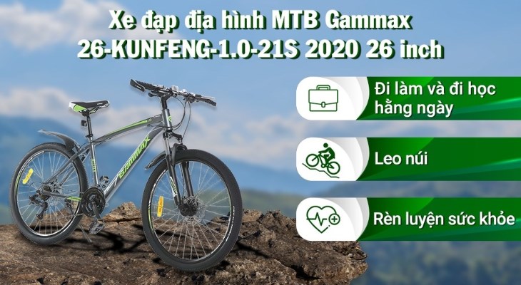 Xe đạp địa hình MTB Gammax 26-KUNFENG-1.0-21S 2020 26 inch có ghi đông ngang gọn gàng cùng miếng bảo vệ tay an toàn, dễ sử dụng