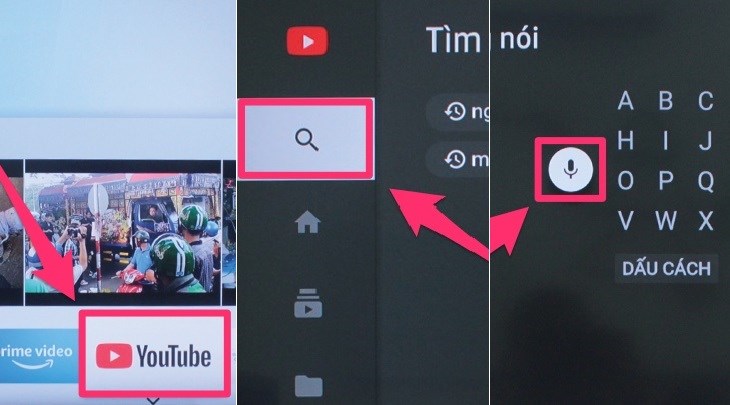 Các bước chọn tính năng ”Micro” để tìm kiếm bằng giọng nói trên ứng dụng Youtube của tivi