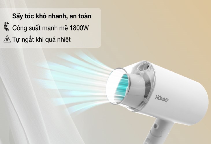 Máy sấy tóc 1800W Hommy PH6870 giúp sấy tóc nhanh khô, tiết kiệm thời gian