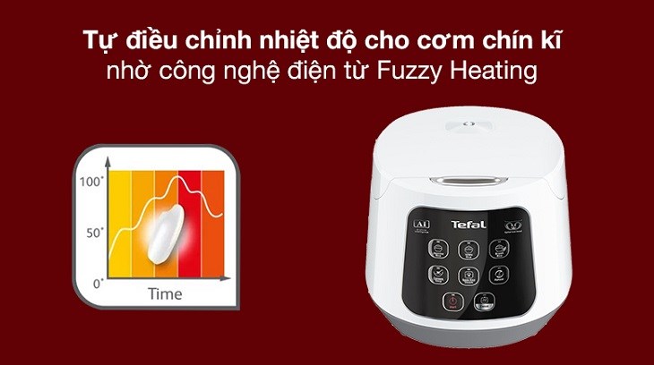 Nồi cơm điện tử Tefal 1 lít Easy Rice Compact RK730168 sử dụng công nghệ nấu Fuzzy Heating giúp cơm chín đều, thơm ngon