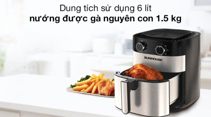 Nồi chiên không dầu Sunhouse SHD4026 có dung tích 6 lít rộng rãi và công suất mạnh mẽ 1750W giúp chiên, nướng nhanh chóng