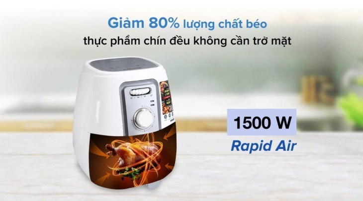 Nồi chiên không dầu Sunhouse SHD4023W 3 lít có công nghệ Rapid Air giúp thực phẩm chín đều, giảm 80% lượng chất béo