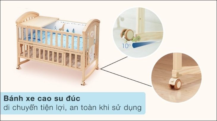 Nôi cũi đa năng 5 trong 1 HAKAWA HK-B03 combo 2 tích hợp bánh xe làm bằng cao su đúc, đảm bảo độ bền và an toàn khi sử dụng