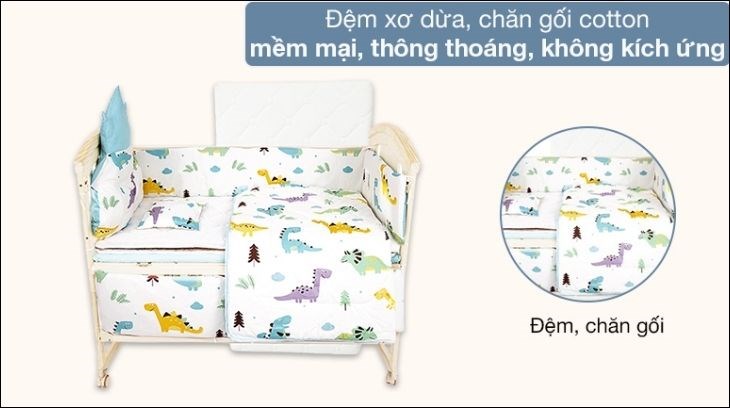 Nôi cũi em bé đa năng 5 trong 1 HAKAWA HK-B03 Combo 4 được kèm theo đệm xơ dừa, bộ drap và 1 chăn cotton mềm mại, thoáng khí