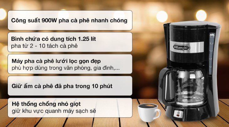 Máy pha cà phê Delonghi ICM15210.1 với công suất hoạt động 900W, nhanh chóng làm ra những ly cà phê thơm ngon cho người dùng thưởng thức