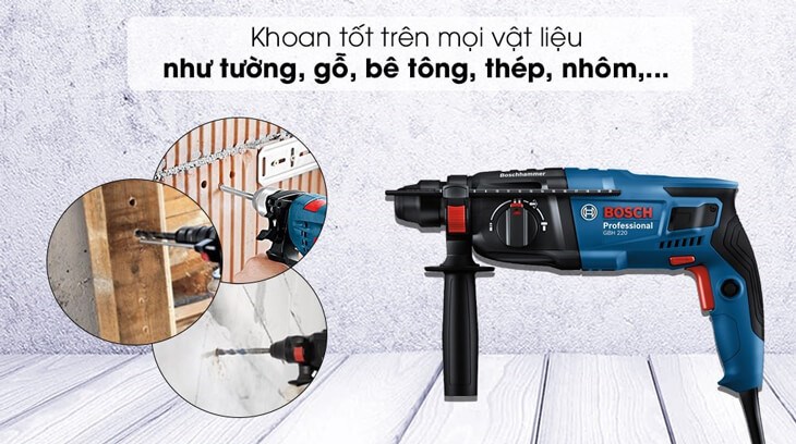 Máy khoan búa điện Bosch GBH 220 720W có thể khoan các bề mặt như gỗ, nhôm, sắt, thép, bê tông, tường,...