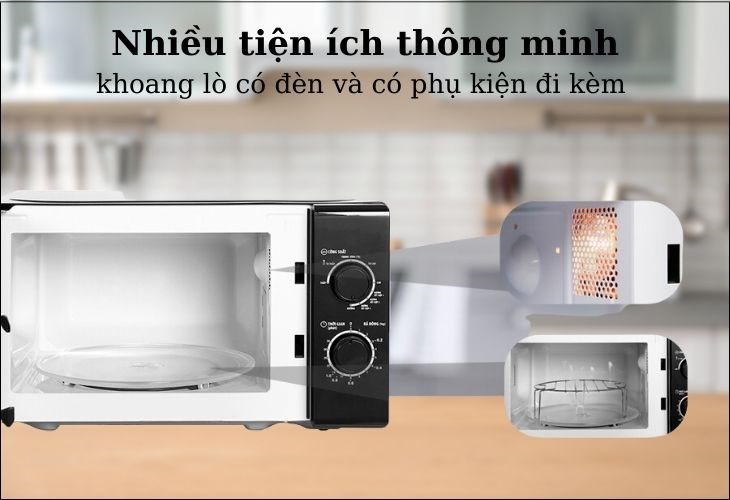 Lò vi sóng có nướng BlueStone MOB-7716 20 lít có đèn trong lò khoang, hỗ trợ quá trình lấy và bỏ thức ăn ra vào