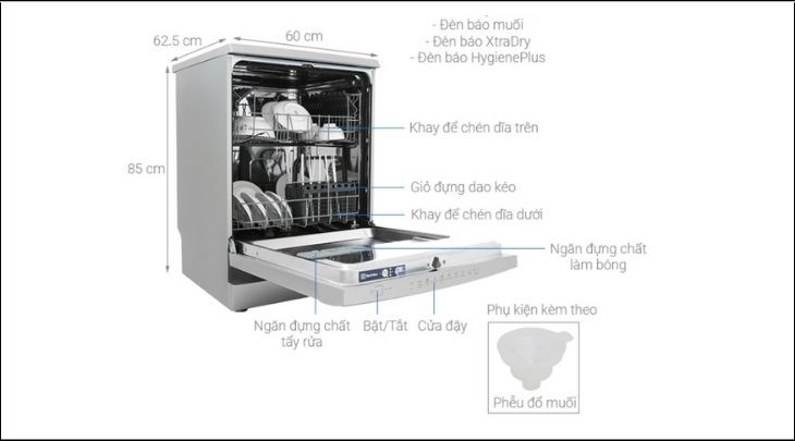 Máy rửa chén độc lập Electrolux ESF5512LOX có chiều ngang - cao - sâu lần lượt là 60cm - 85cm - 62.5cm