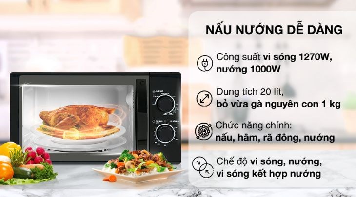 Lò vi sóng có nướng BlueStone MOB-7716 20 lít có công suất vi sóng tối đa 1270W, nướng tới 1000W giúp nấu ăn nhanh chóng