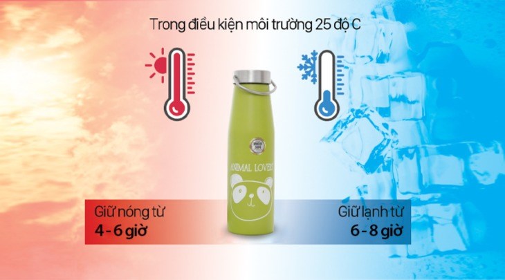 Bình giữ nhiệt inox 500 ml DMX BG003 có khả năng giữ nóng 4 - 8 tiếng và giữ lạnh 6 - 8 tiếng