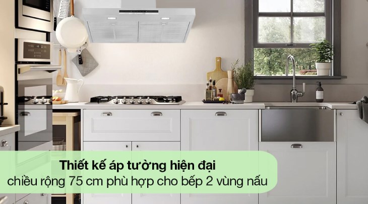 Máy hút mùi áp tường Bosch DWB77IM50 đáp ứng tốt nhu cầu hút mùi cho bếp có 2 vùng nấu với chiều rộng máy 75 cm