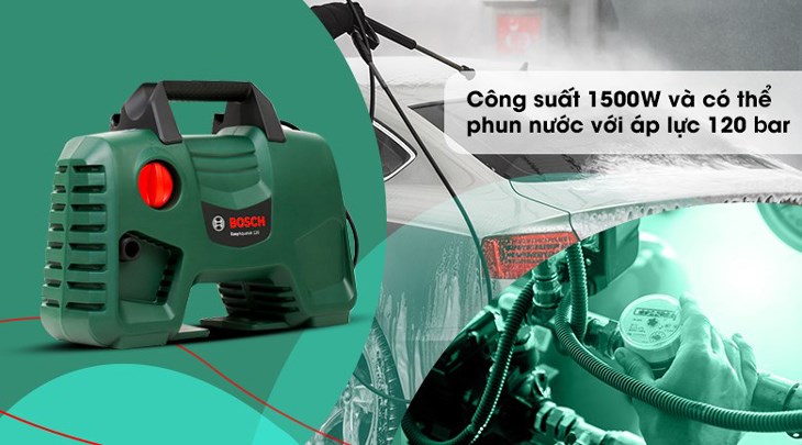 Máy phun xịt rửa áp lực cao Bosch Easy AQT 120 1500W có công suất 1500W và lực phun lên đến 120bar, giúp đẩy bay bụi bẩn cứng đầu