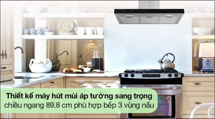 Máy hút mùi áp tường Bosch DWBM98G50B có thiết kế áp từng sang trọng, phù hợp sử dụng trong chung cư cao cấp, biệt thự, nhà ở có diện tích căn bếp rộng rãi