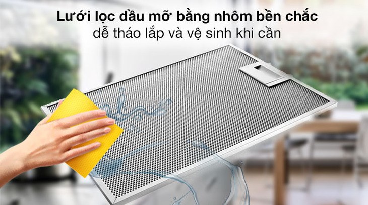 Máy hút mùi âm tủ Bosch DFT63AC50 sở hữu lưới lọc dầu mỡ 8 lớp, giúp ngăn chặn dầu mỡ đi sâu vào máy, làm hỏng linh kiện