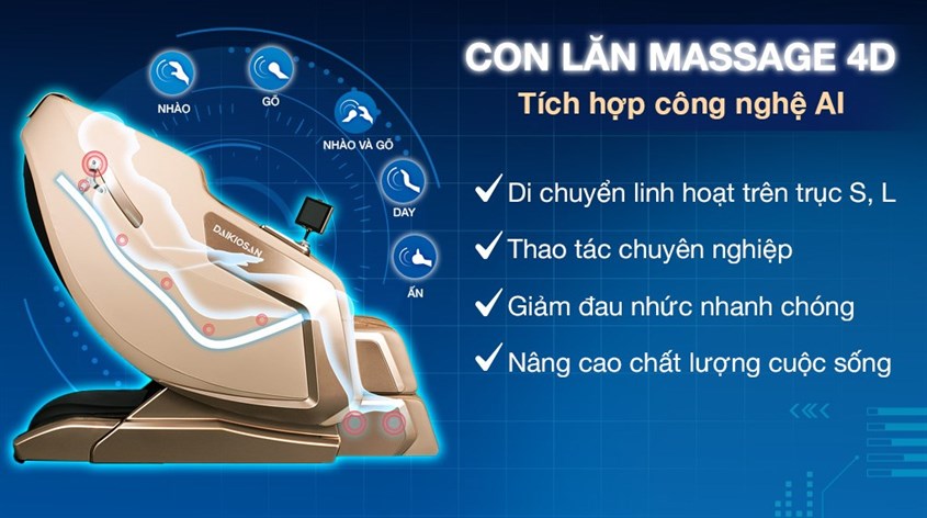 Ghế Massage Remote Cảm Ứng Daikiosan DKGM-30002 được trang bị con lăn massage 4D thông minh