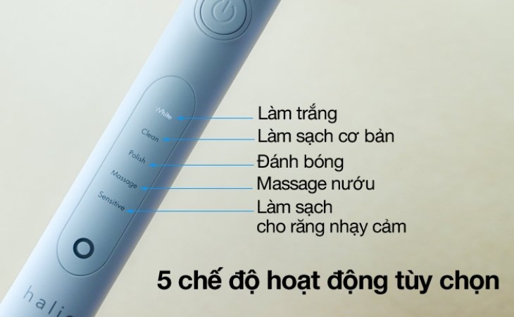 Bàn chải điện Halio Sonic Whitening Pro White có khả năng điều chỉnh cường độ cùng 5 chế độ chải cho người dùng dễ lựa chọn