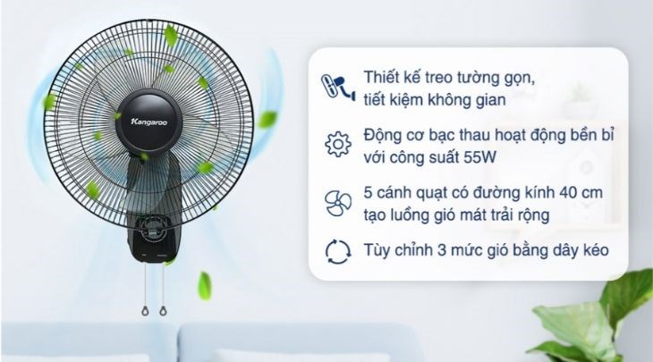 Quạt treo Kangaroo KG723 có công suất hoạt động 55W với 5 cánh quạt, hỗ trợ làm mát nhanh chóng không gian nhà bạn