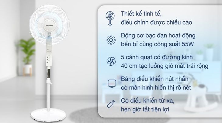 Quạt đứng Kangaroo vừa có thiết kế sang trọng, sử dụng tiện lợi ở nhiều không gian vừa cho khả năng làm mát tốt