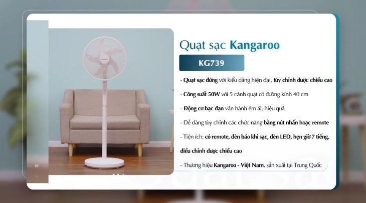 Dễ dàng điều chỉnh quạt sạc điện Kangaroo KG739 với 3 mức độ gió bằng nút nhấn