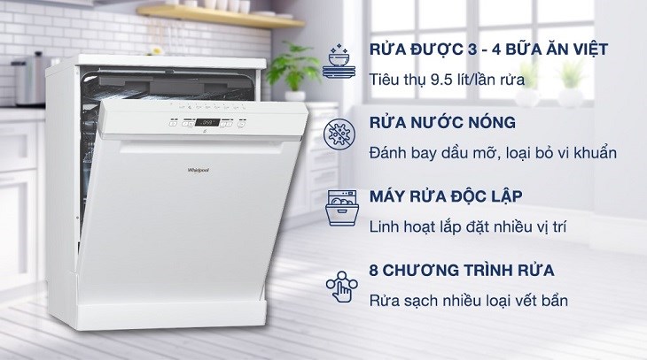 Máy rửa chén độc lập Whirlpool WFC 3C26P giúp hỗ trợ rửa chén cho người dùng