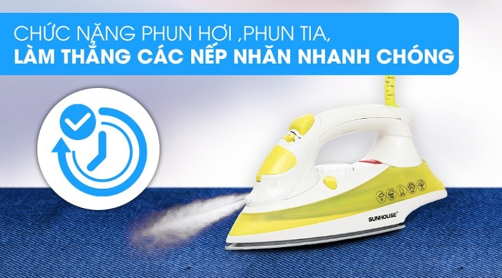 Bàn ủi hơi nước Sunhouse SHD2067 1800W được trang bị tính năng phun tia, phun hơi giúp ủi quần áo dễ dàng