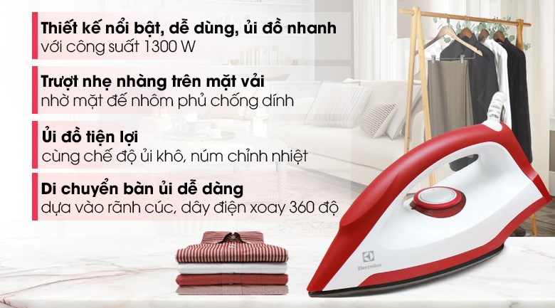 Bàn ủi khô Electrolux EDI1004 1300W với thiết kế hiện đại và tính năng nổi bật