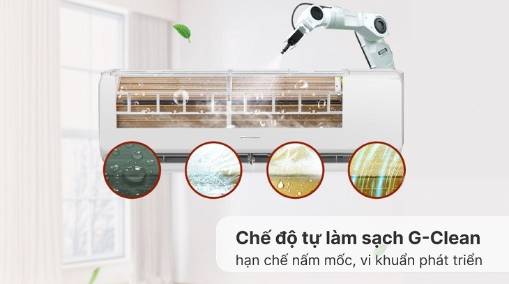 Máy lạnh Gree Inverter 1 HP CHARM9CI  được trang bị chế độ tự làm sạch G-Clean, giúp dàn lạnh không bị đọng nước, hạn chế nấm mốc và vi khuẩn