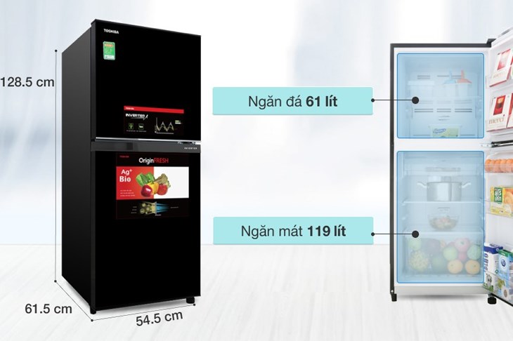 Tủ lạnh Toshiba Inverter 180 lít GR-B22VU UKG với dung tích ngăn đá trên là 61 lít cho bạn đựng đồ đông lạnh thoải mái