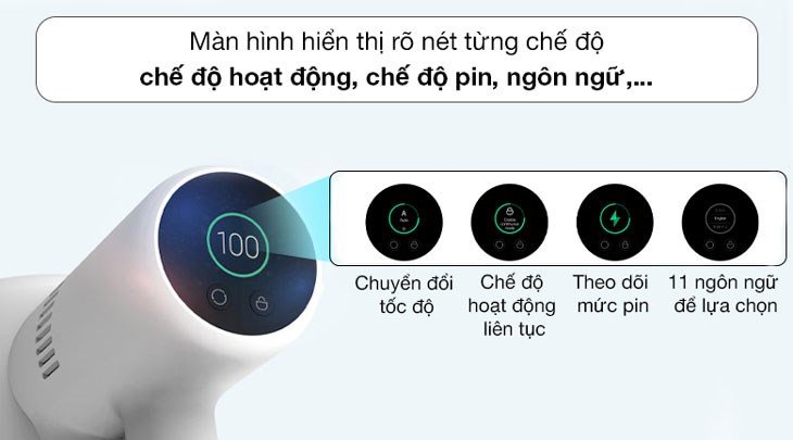 Máy hút bụi không dây Xiaomi Vacuum Cleaner G10 được tích hợp màn hình TFT có khả năng hiển thị rõ nét chế độ hoạt động, chế độ pin, ngôn ngữ,... 