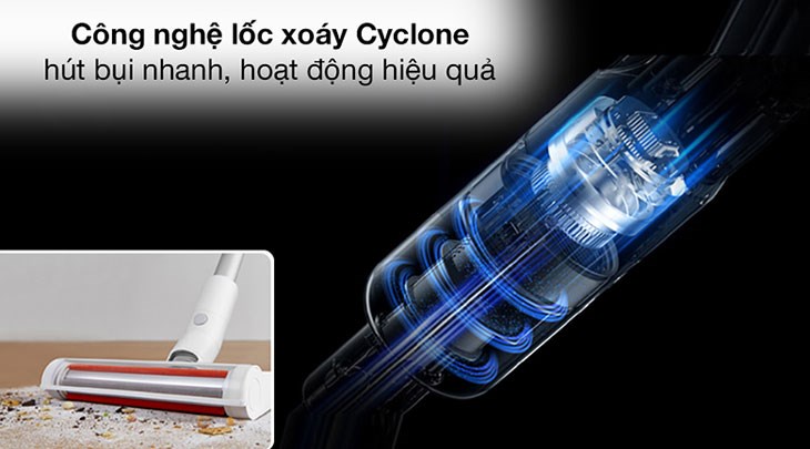 Máy hút bụi không dây Xiaomi BHR4636GL được tích hợp công nghệ lốc xoáy Cyclone giúp thu giữ hiệu quả từ rác thô đến các hạt bụi mịn