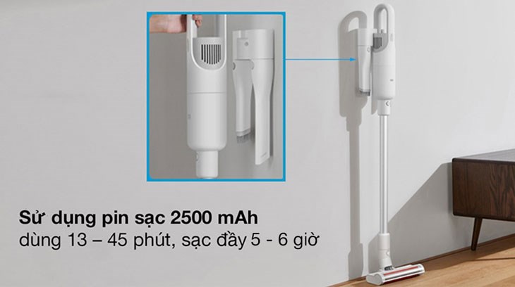 Máy hút bụi không dây Xiaomi BHR4636GL có dung lượng pin 2500mAh cho phép bạn sử dụng dọn dẹp liên tục tối đa 45 phút