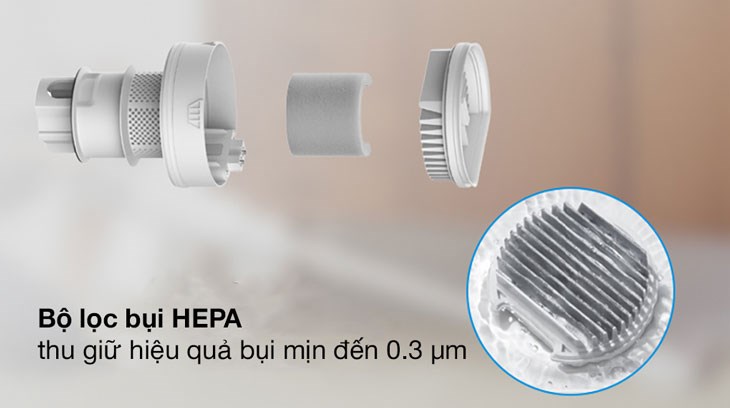 Máy hút bụi không dây Xiaomi BHR4636GL sử dụng bộ lọc HEPA có khả năng lọc sạch 99.97% bụi bẩn, vi khuẩn