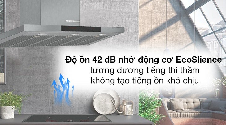 Máy hút mùi áp tường Bosch DWB98JQ50B hoạt động êm ái với độ ồn chỉ 42 dB nhờ động cơ EcoSilence