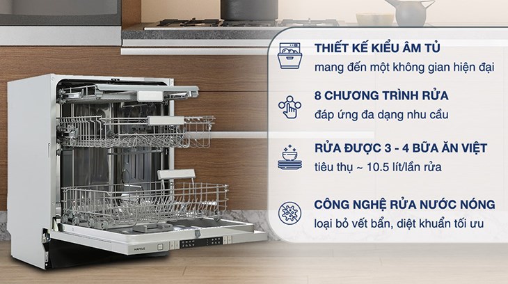 Máy rửa chén âm tủ Hafele HDW-FI60AB (538.21.330) thuộc kiểu máy rửa chén âm tủ, được lắp đặt âm bên trong tủ bếp