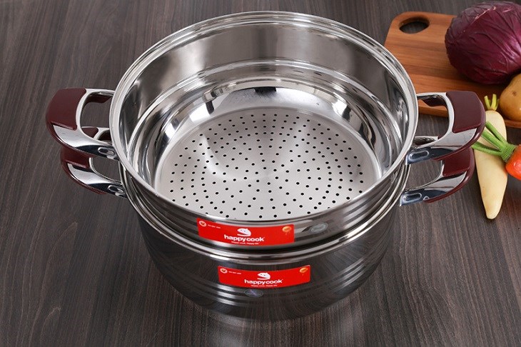 Bộ nồi xửng inox 3 đáy nắp inox 32 cm Happycook ST32-2 có tay cầm và quai núm to bản bọc nhựa cách nhiệt, nắp kín inox giữ nhiệt tố