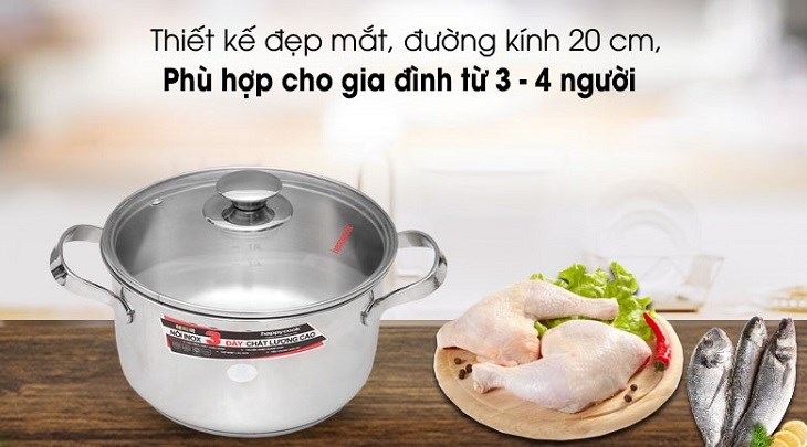 Nồi inox 3 đáy nắp kính 20 cm Happycook N20-NMG thiết kế mềm mại đẹp mắt tô điểm cho bếp nấu gia đình