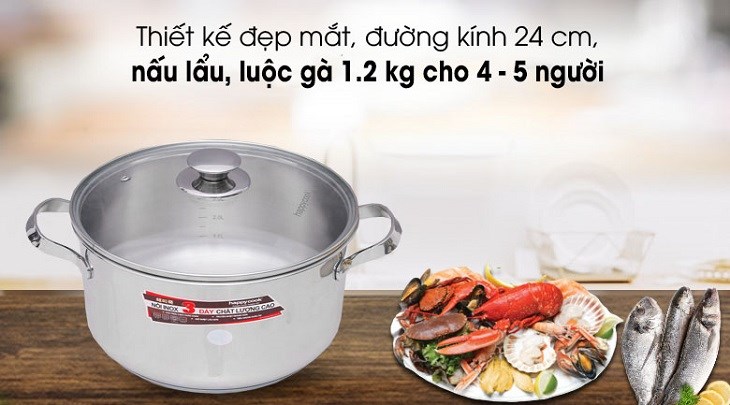 Nồi inox 3 đáy nắp kính 24 cm Happycook N24-NMG có thể luộc gà nguyên con ngay trong nồi