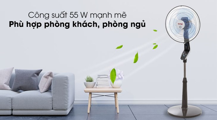 Quạt đứng Tefal VF3650-71 hoạt động với công suất 55W, làm mát hiệu quả cho không gian phòng khách hay phòng ngủ