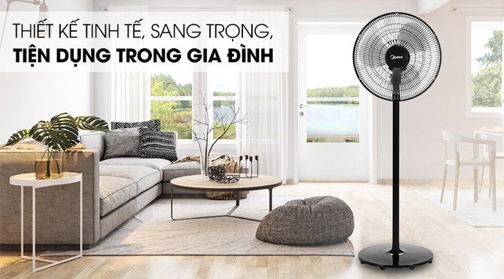 Quạt đứng Midea FS40-18CB có thiết kế đẹp mắt với gam màu đen nổi bật, tô điểm cho không gian sử dụng