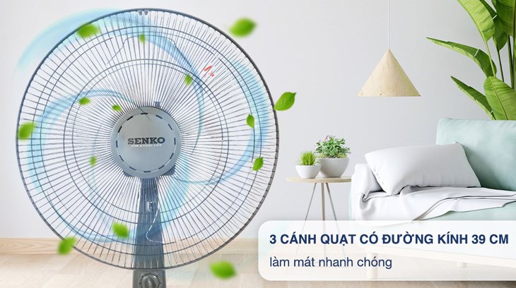 Quạt đứng Senko DH1600 sở hữu 3 cánh quạt có đường kính 39cm, giúp làm mát không gian phòng nhanh chóng