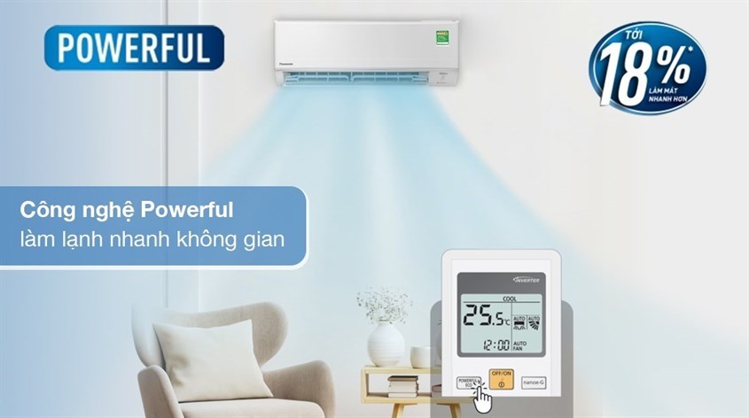 Chế độ Powerful trên máy lạnh Panasonic Inverter 2 HP CU/CS-PU18XKH-8M làm lạnh nhanh hơn 18%