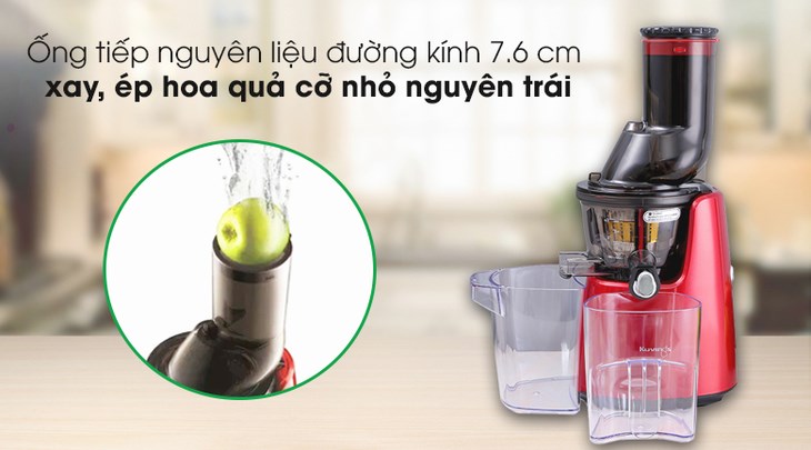 Máy ép chậm Kuvings C7000 đỏ có ống tiếp nguyên liệu đến 7.6cm, giúp người dùng không cần cắt nhỏ trái cây khi xay ép