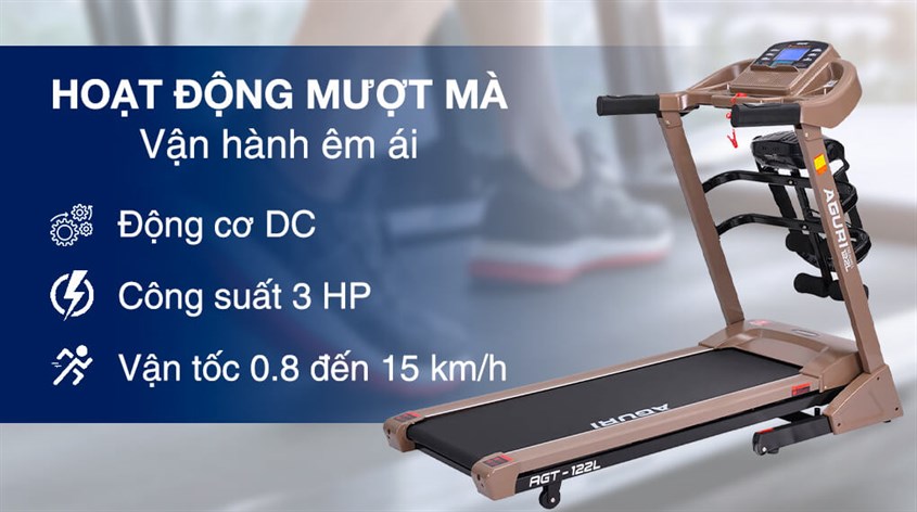 Máy chạy bộ Aguri AGT-122L vận hành êm ái với công suất 3.0 HP, là lựa chọn thích hợp cho các căn hộ có không gian lớn