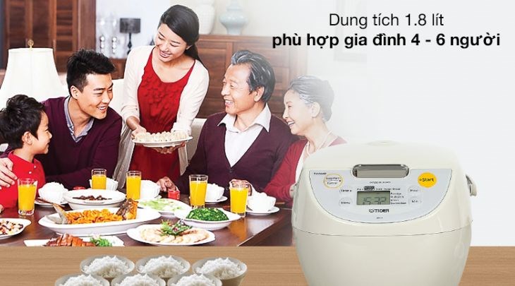 Nồi cơm điện tử Tiger 1.8 lít JBV-S18W có dung tích 1.8 lít, nấu được 8 - 10 cốc gạo, phục vụ khẩu phần ăn 4 - 6 thành viên trong gia đình