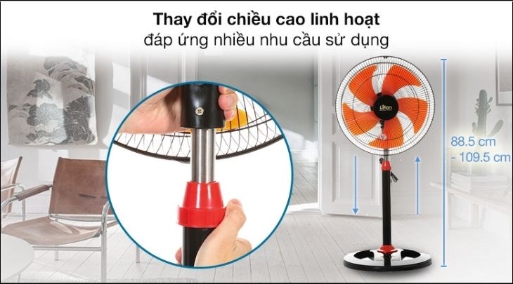 Quạt đứng Lifan Đ-616 có thể thay đổi chiều cao linh hoạt từ 88.5 - 109.5cm, phù hợp với nhiều không gian khác nhau