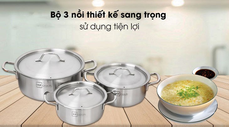 Bộ 3 nồi inox nắp inox Fivestar HT Cook HT-06DN có kiểu dáng hiện đại cùng màu bạc inox sáng đẹp